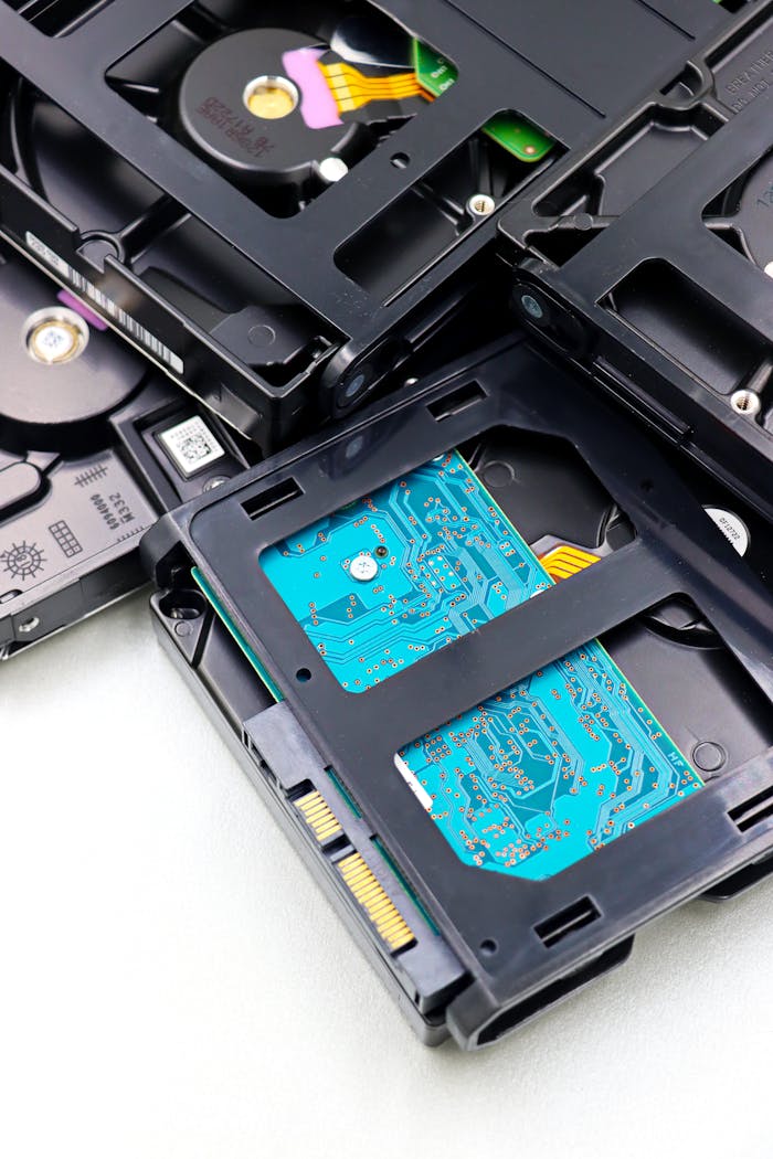 gallery-4 Close-up of multiple black internal hard drives stacked on a white surface showcasing circuit boards.