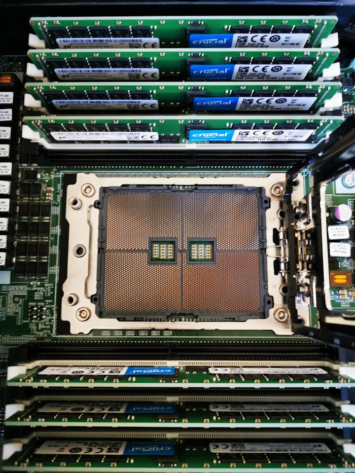 about-02 High-resolution image showing a close-up view of a computer server's processor and RAM assembly.