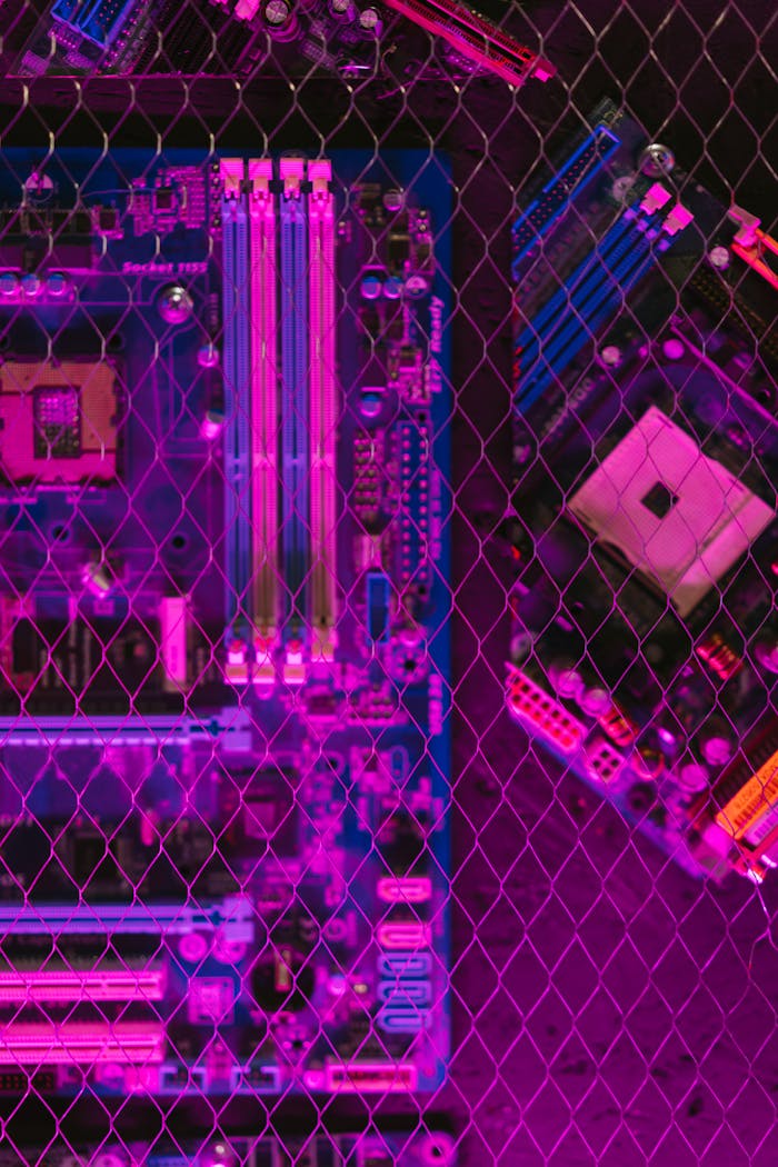 services-img Close-up of a computer motherboard with vibrant neon lighting, showcasing modern technology and circuitry.